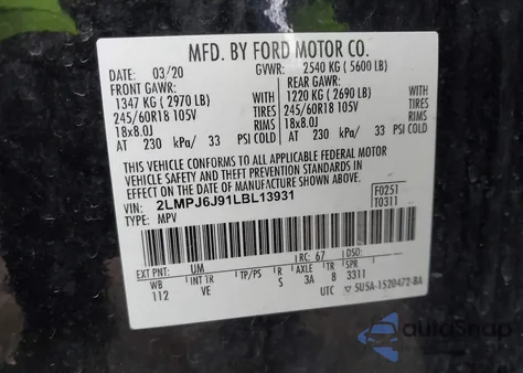 2020 Lincoln Nautilus Standard z USA, uszkodzony, nr VIN 2LMPJ6J91LBL13931